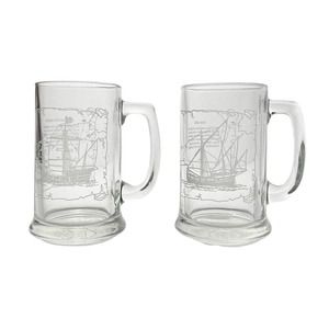 Pair of Clipper Ship Columbus Voyager Etched Glass Tankard Beer Mugs 5 1/2” 14oz